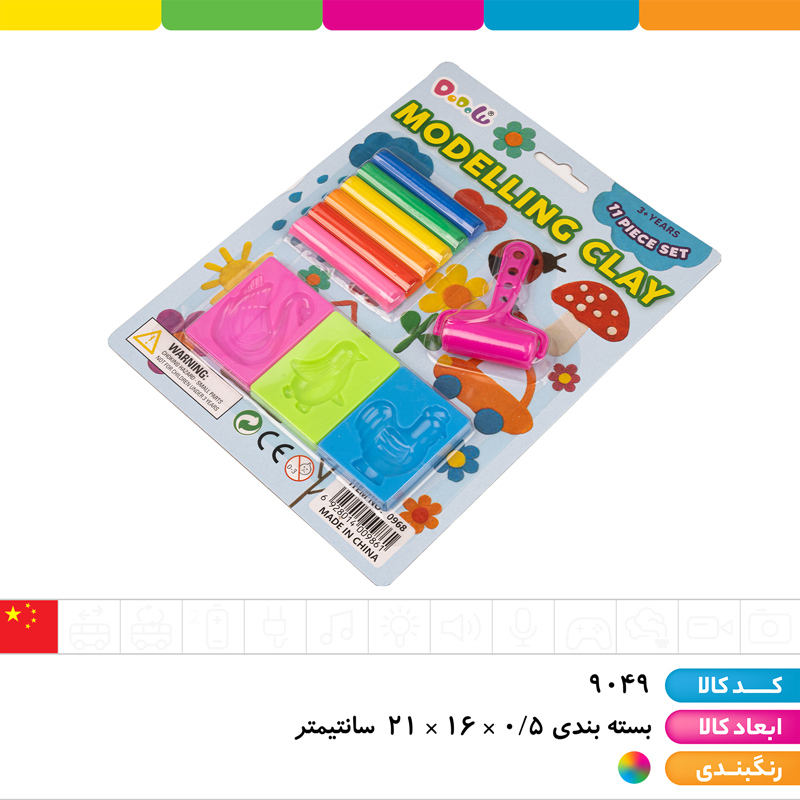 خمیر بازی روکارتی 6 رنگ با 3 قالب و غلتک